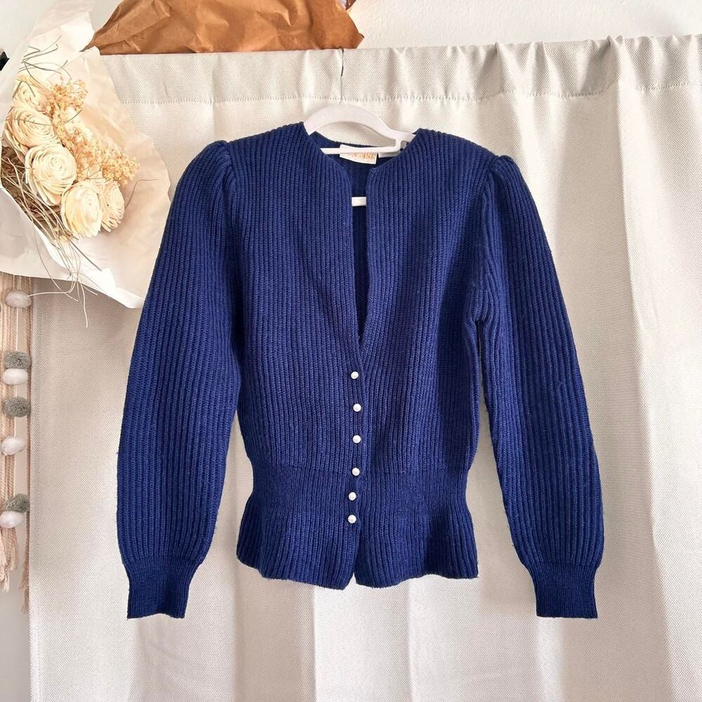 Vintage Sunrise Navy Blue Puff Sleeve Peplum Cardigan Size Small preppy feminine